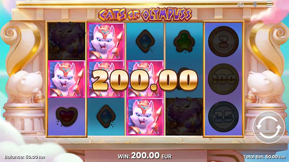 Cats of Olympuss slot game by Push Gaming, showing Win of 200.00