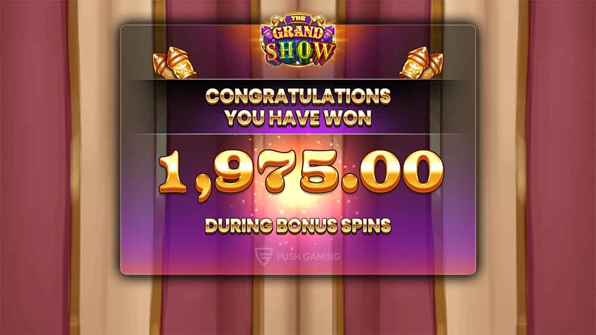 The Grand Show slot game by Push Gaming, showing Win of 1,975 from Bonus Spins