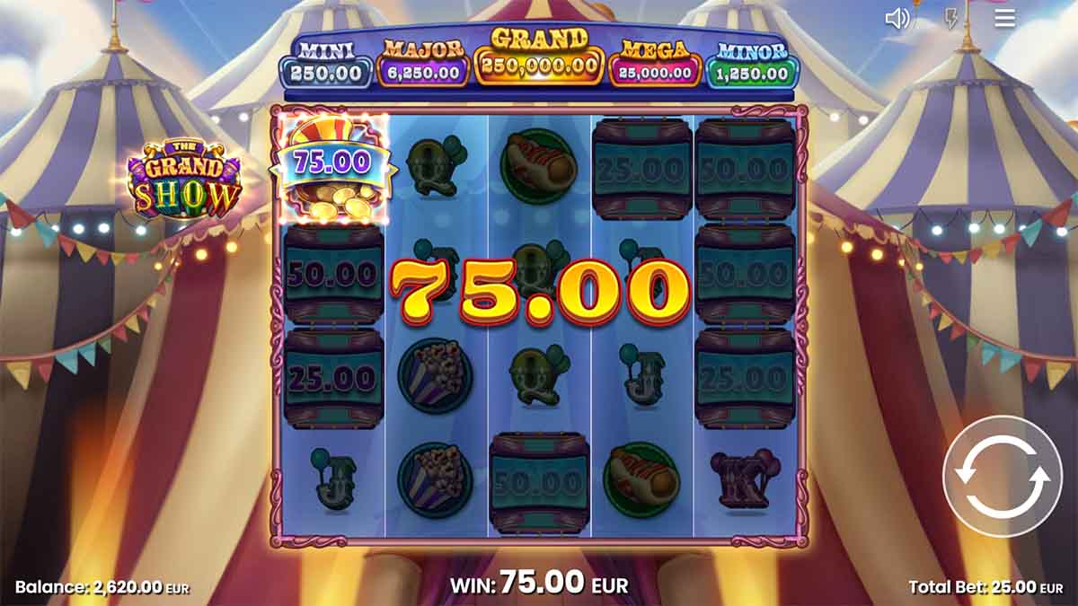 The Grand Show slot game by Push Gaming, showing Win of 75.00