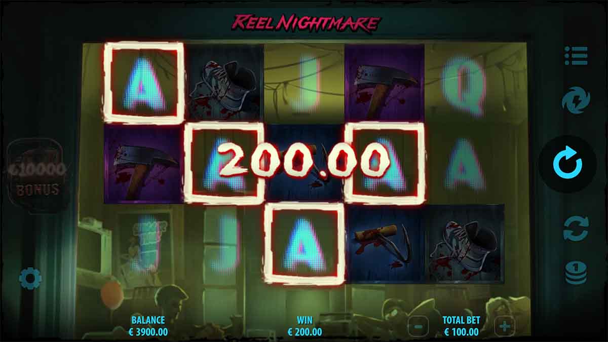 Reel Nightmare slot game by Quickspin, showin Win of 200.00