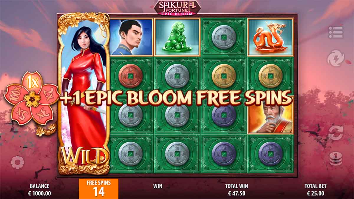 Sakura Fortune Epic Bloom slot game by Quickspin, featuring +1 Epic Bloom Free Spin