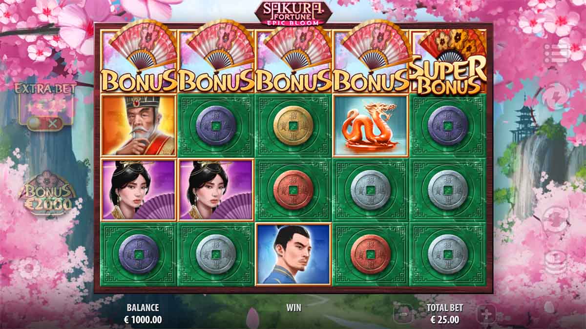 Sakura Fortune Epic Bloom slot game by Quickspin, featuring Super Bonus