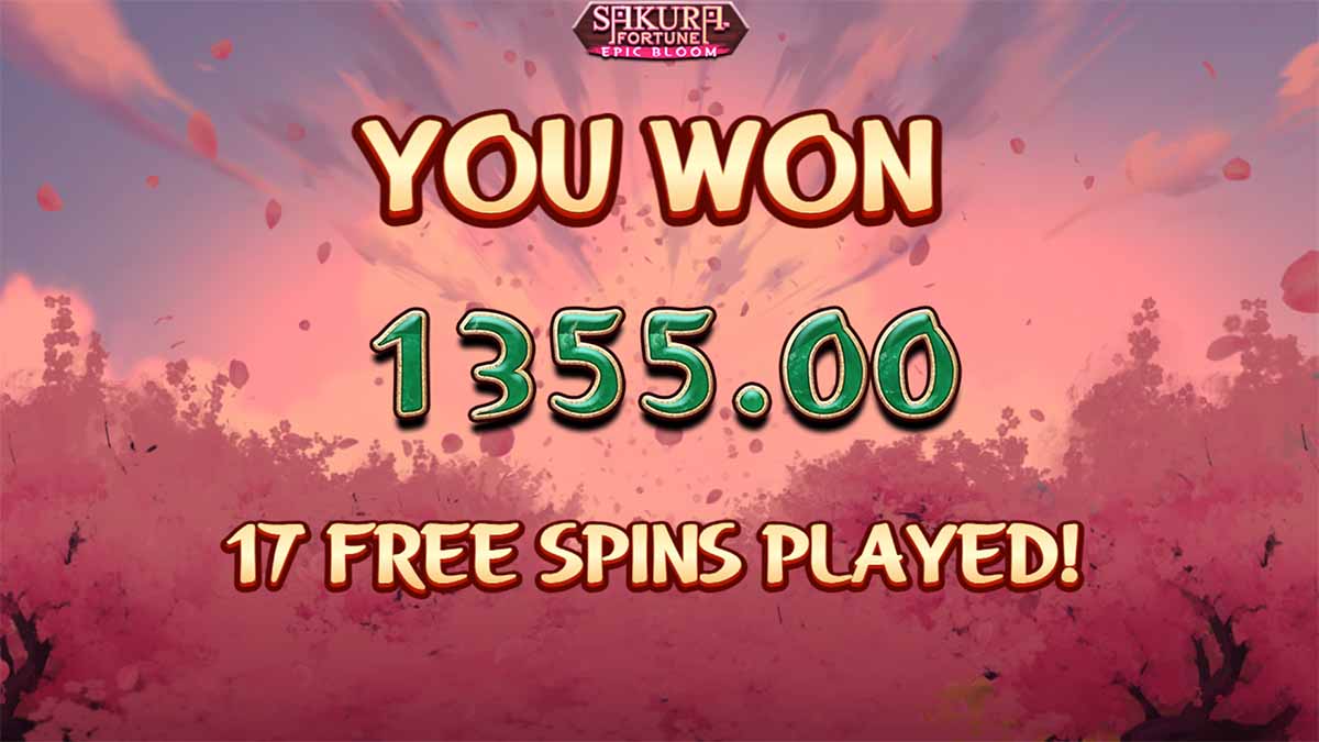 Sakura Fortune Epic Bloom slot game by Quickspin, showing Total Win of 1355.00