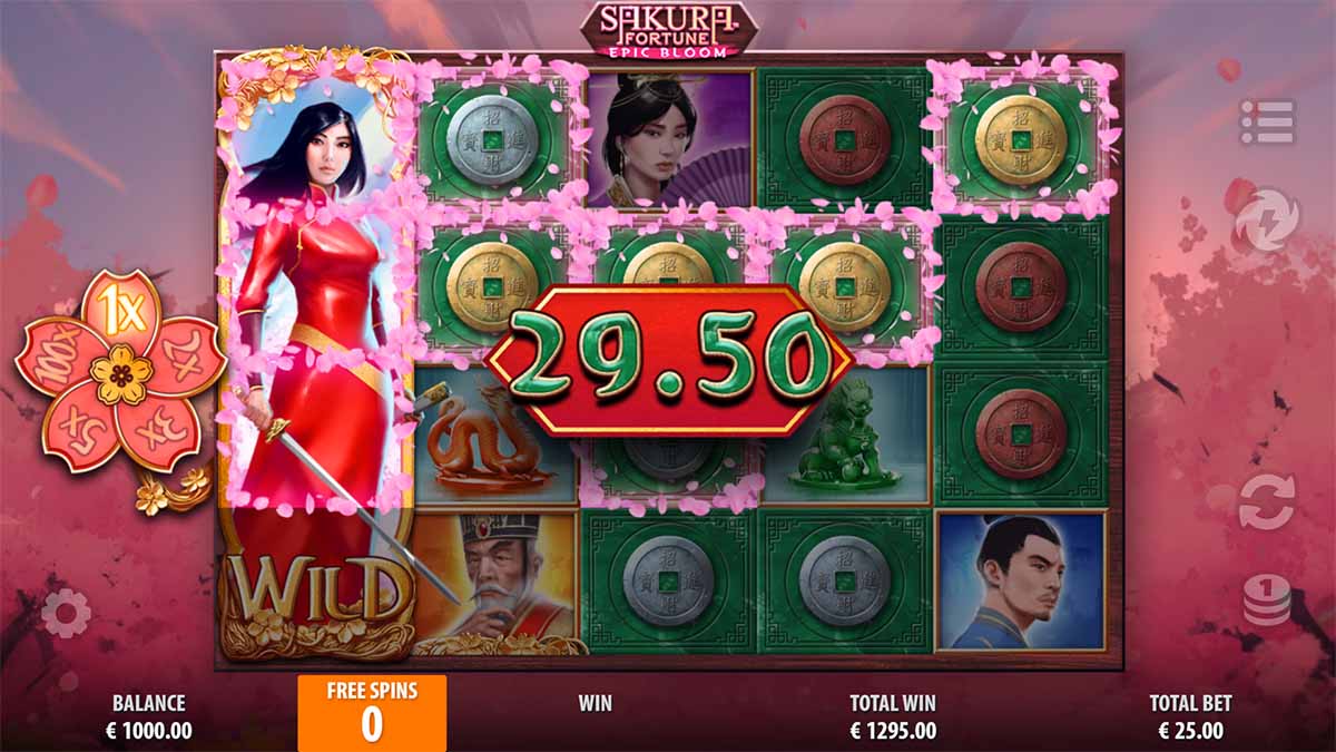 Sakura Fortune Epic Bloom slot game by Quickspin, showing Win of 29.50