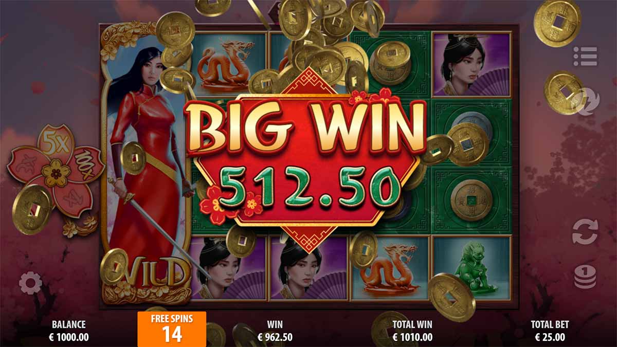 Sakura Fortune Epic Bloom slot game by Quickspin, showing Big Win of 512.50