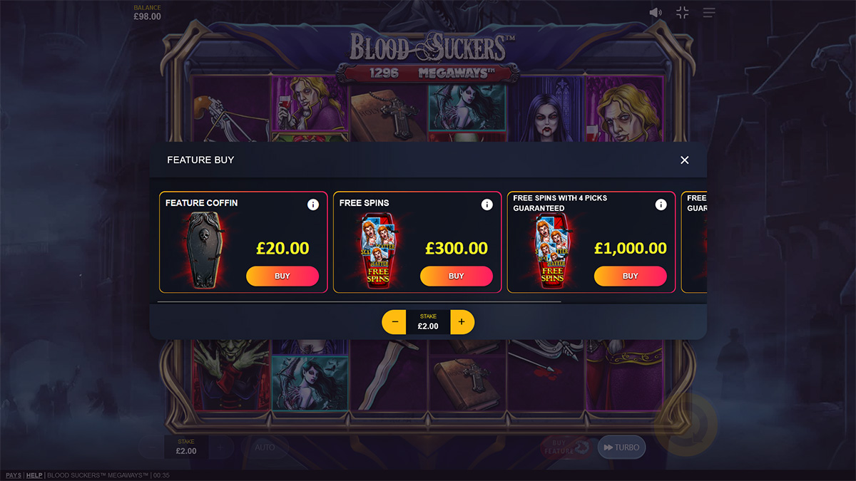 Blood Suckers Megaways slot game by Red Tiger Gaming, feature buy view with slider at position 1