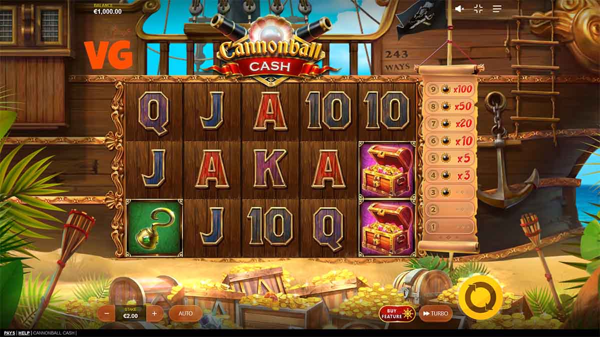 Cannonball Cash slot game by Red Tiger Gaming, base game view