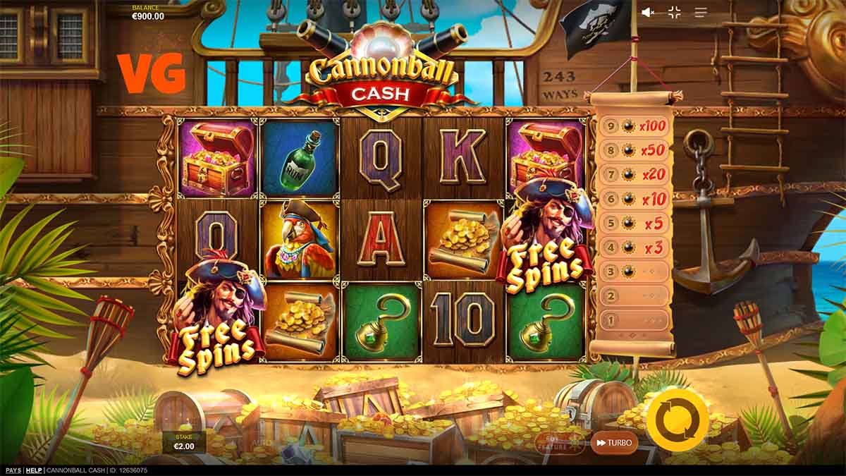 Cannonball Cash slot game by Red Tiger Gaming, free spins scatter win