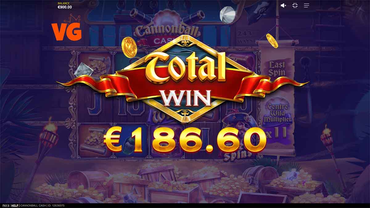 Cannonball Cash slot game by Red Tiger Gaming, 186.60 total win