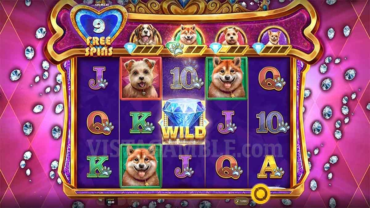 Diamond Doggies slot game by Red Tiger, featuring 9 Free Spins