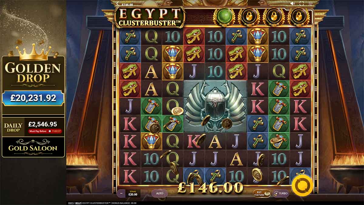 Egypt Clusterbuster slot game by Red Tiger, showing Win of 146.00