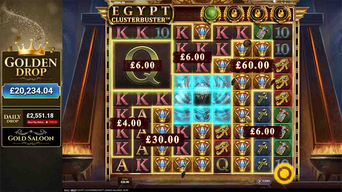 Egypt Clusterbuster slot game by Red Tiger, showing Winning Combination