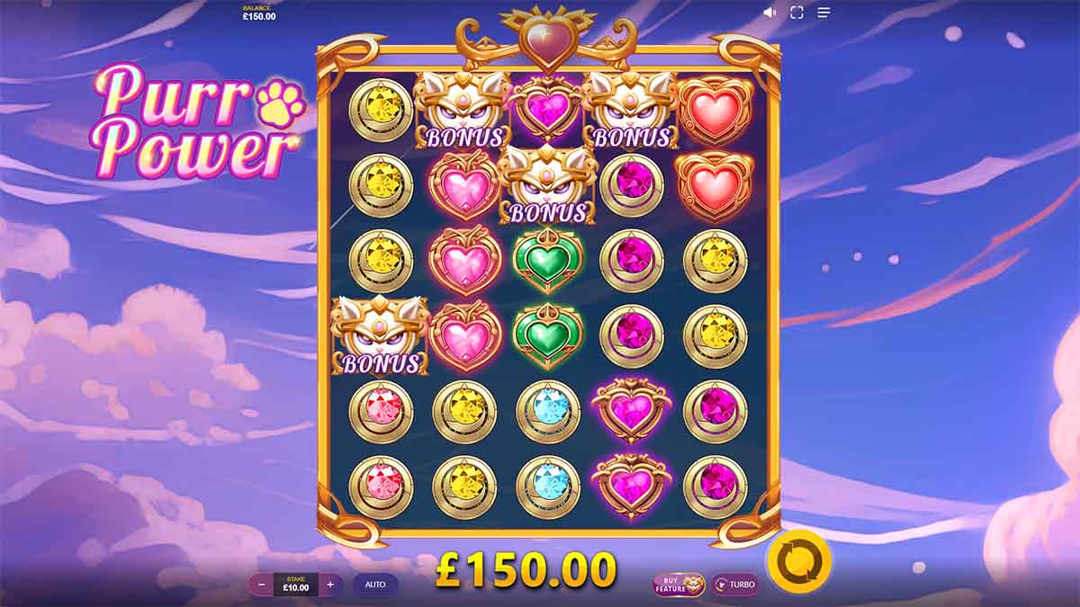 Purr Power slot game by Red Tiger, showing Total Win of 150.00 from Free Spins