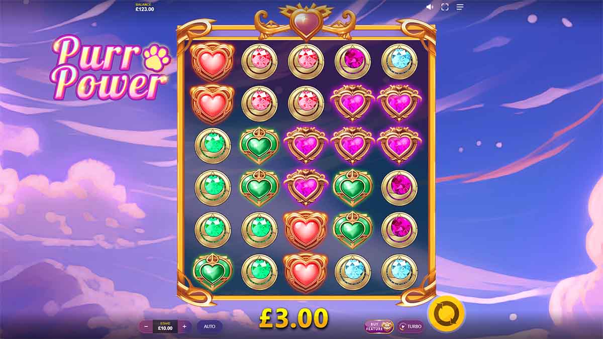 Purr Power slot game by Red Tiger, showing Win of 3.00