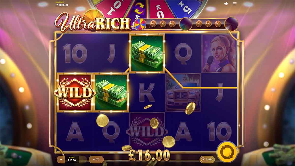 Ultra Rich slot game by Red Tiger, showing Win of 16.00