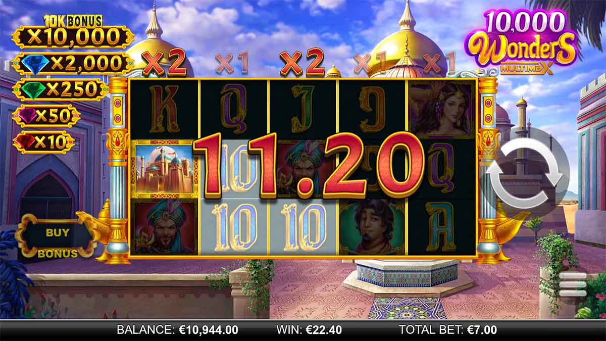 10,000 Wonders MultiMax slot game by ReelPlay, showing win of 11.20