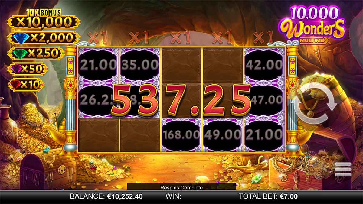 10,000 Wonders MultiMax slot game by ReelPlay, showing Total Win of 537.25 from Free Spins