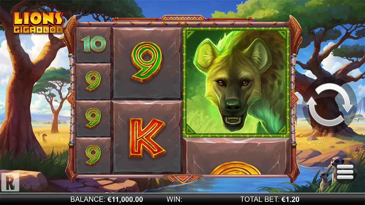 Lions GigaBlox slot game by ReelPlay, Base Game view