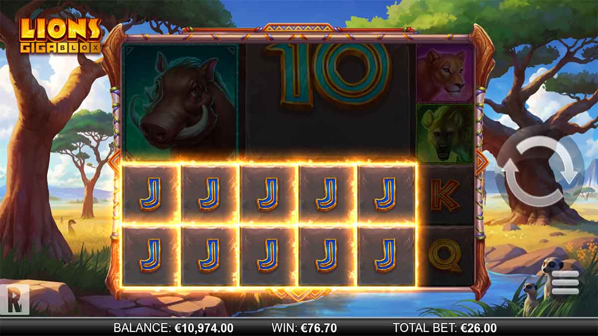 Lions GigaBlox slot game by ReelPlay, showing Win of 76.70