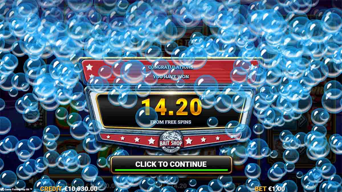 Big Game Fishing TopHit slot game by Reflex Gaming showing total win of 14.20 from Free Spins