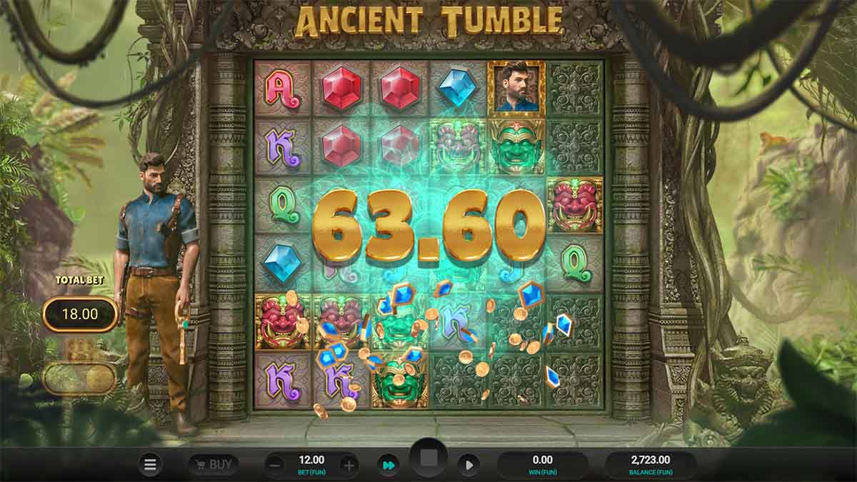 Ancient Tumble slot game by Relax Gaming showing Win of 63.60