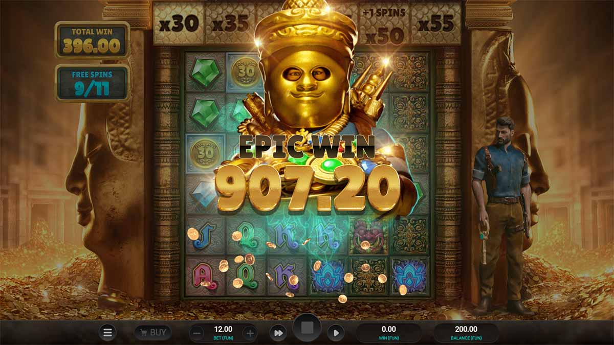 Ancient Tumble slot game by Relax Gaming, showing Epic Win of 907.20