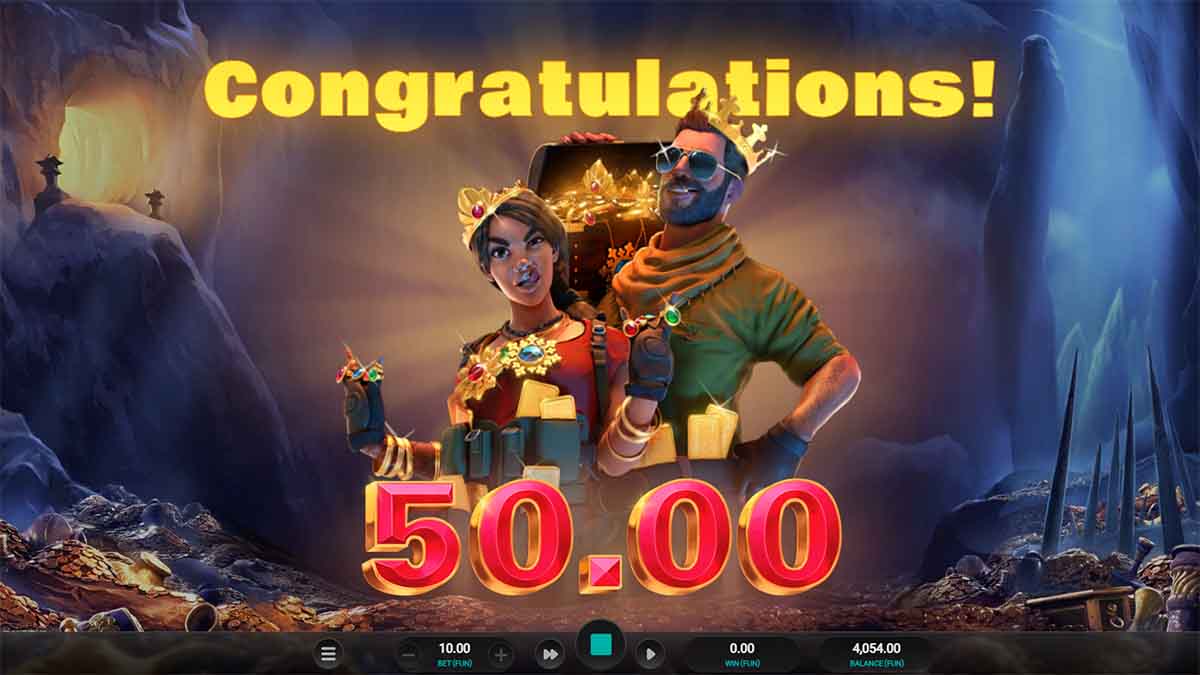 Cluster Tumble slot game by Relax Gaming, showing Total Win of 50.00 from Free Spins