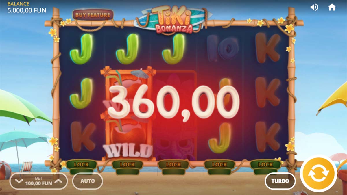 Tiki Bonanza slot game by Silverback Gaming, showing Win of 360.00