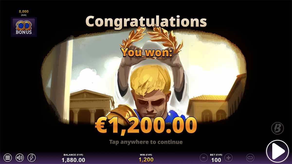 Emperor’s Rise slot game by Slotmill, showing Total Win of 1,200