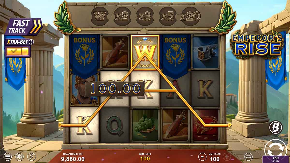 Emperor’s Rise slot game by Slotmill, showing Win of 100.00