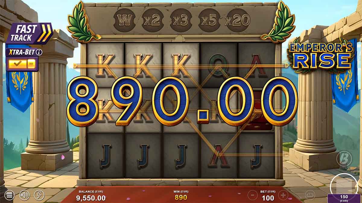 Emperor’s Rise slot game by Slotmill, showing Win of 890.00