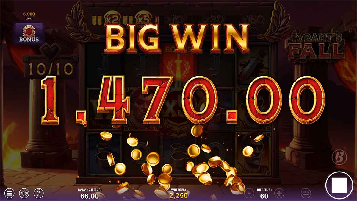 Tyrant's Fall slot game by Slotmill, showin Big Win of 1,470 from Free Spins