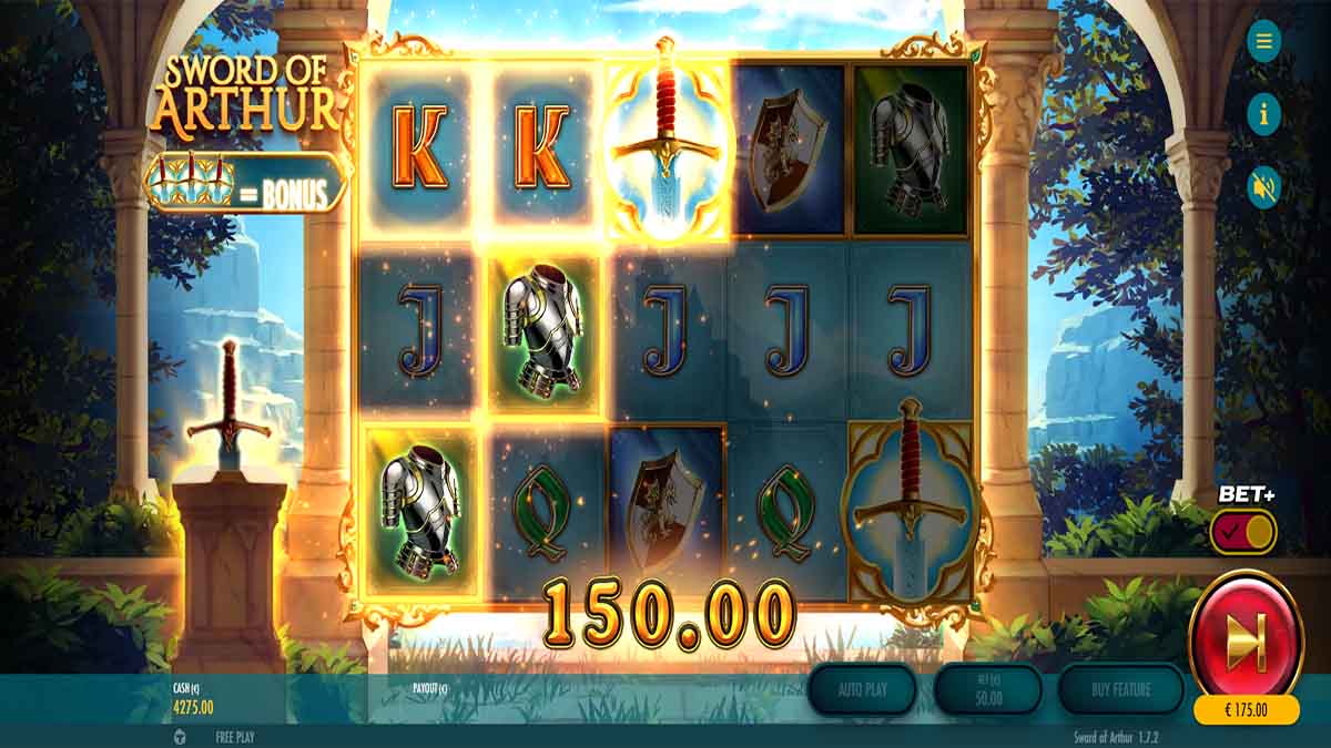 Sword of Arthur slot game by Thunderkick, showing Win of 150.00