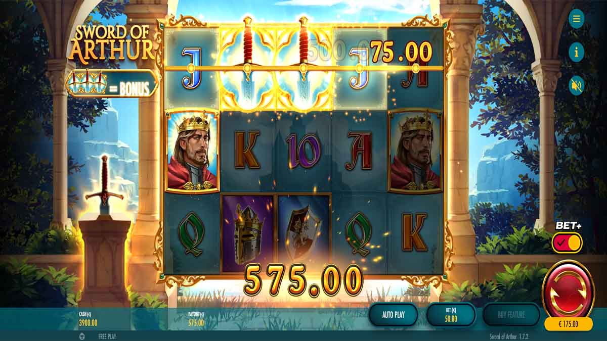 Sword of Arthur slot game by Thunderkick, showing Win of 575.00