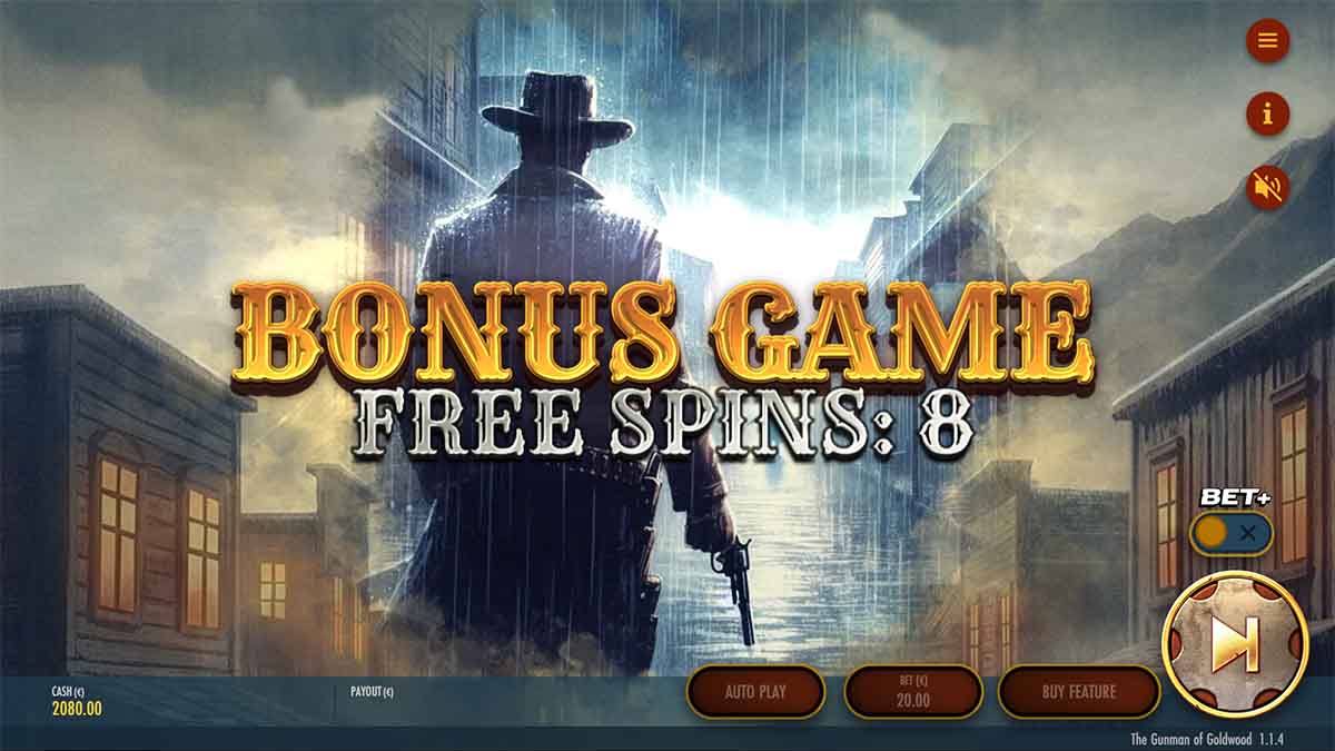 The Gunman of Goldwood slot game by Thunderkick showing win of 8 Free Spins