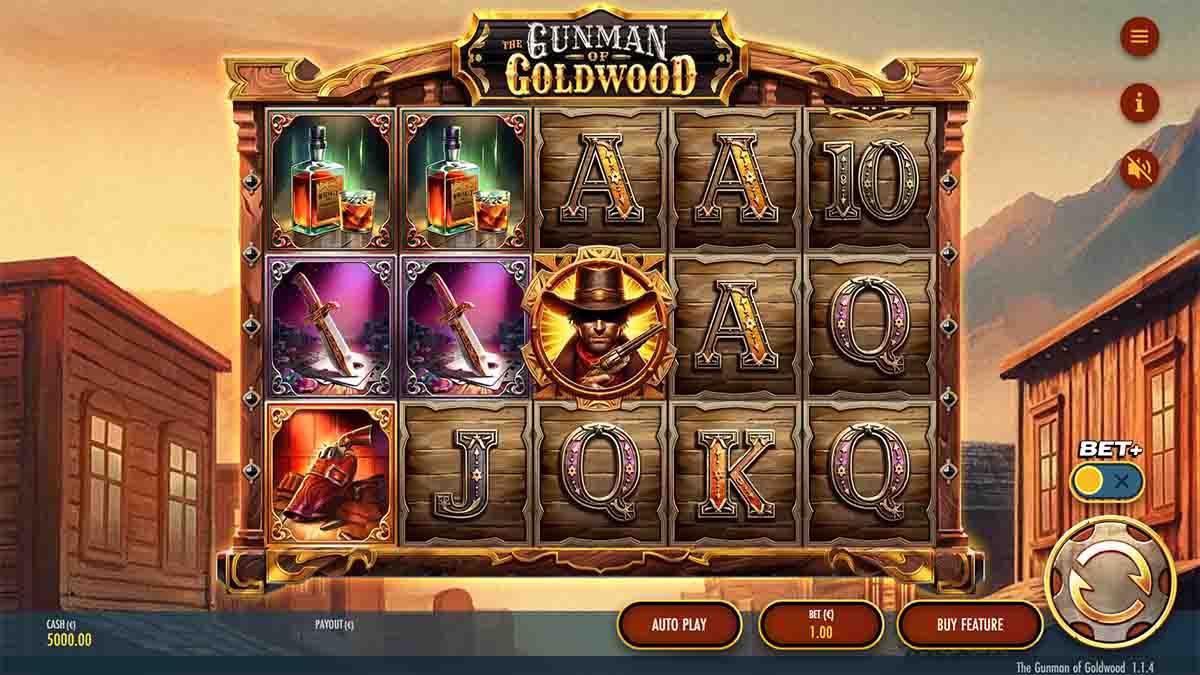 The Gunman of Goldwood slot game by Thunderkick, Base Game view