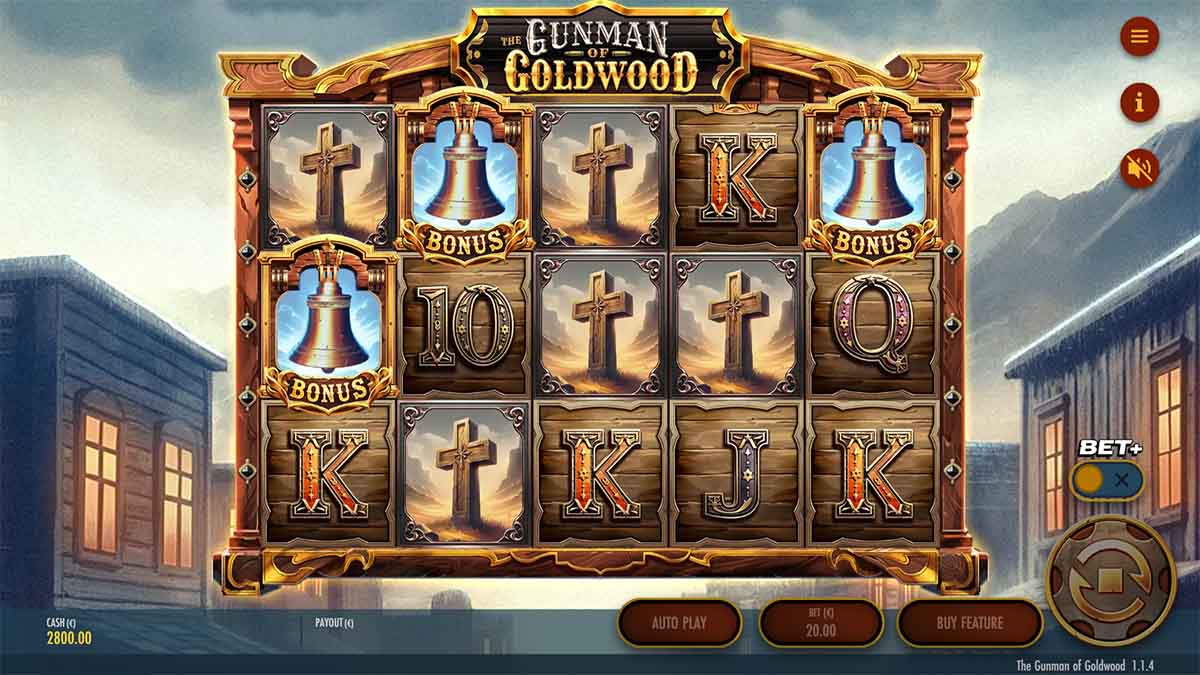 The Gunman of Goldwood slot game by Thunderkick showing 3 BONUS scatters