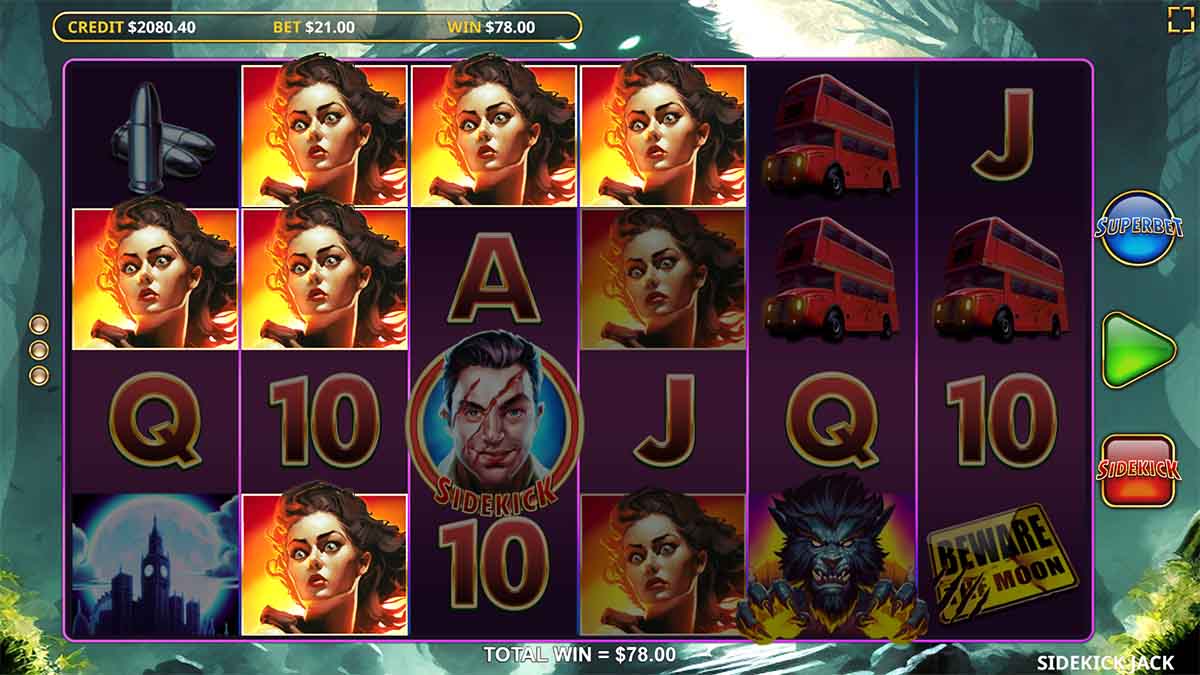 Sidekick Jack slot game by Wicked Games, showing Win of 78.00