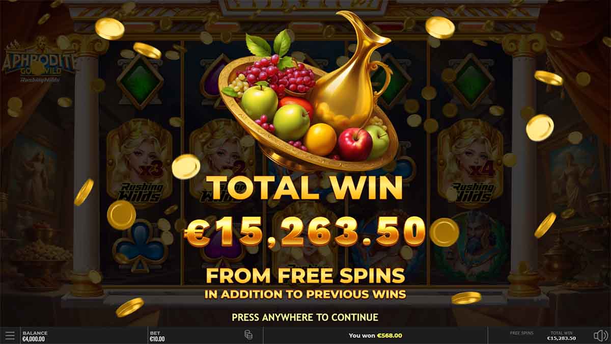 Aphrodite Goes Wild RushingWilds slot game by Yggdrasil Gaming, showing Total Win of 15,263.50