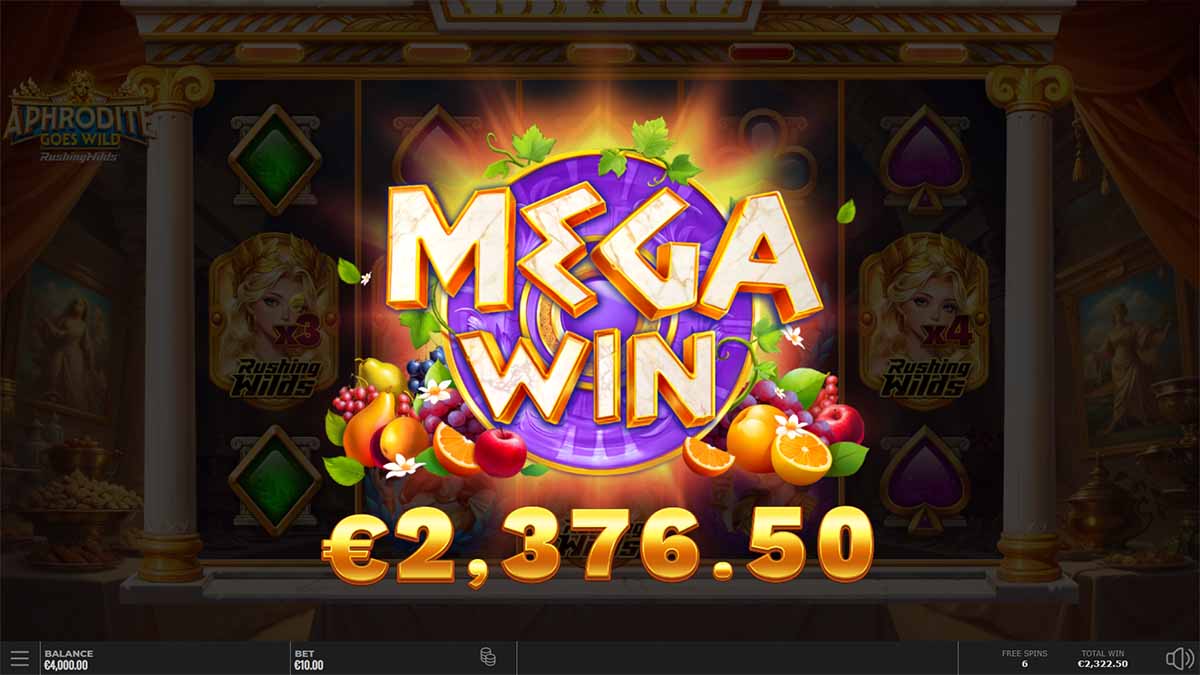 Aphrodite Goes Wild RushingWilds slot game by Yggdrasil Gaming, showing Mega Win of 2,376.50