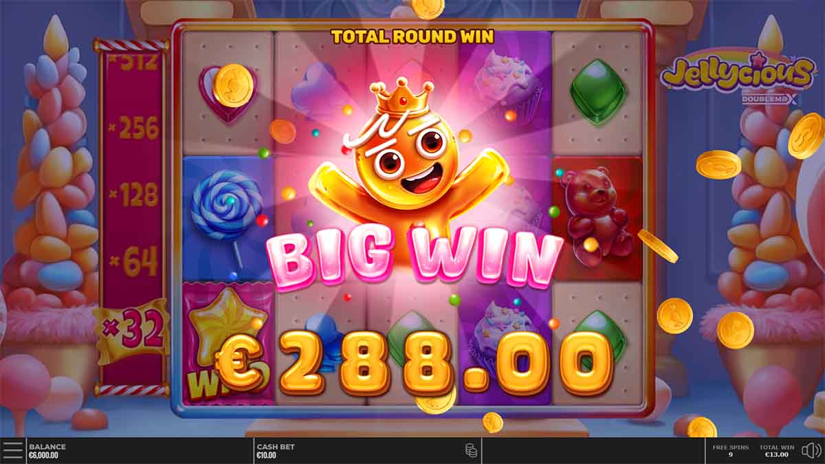 Jellycious DoubleMax slot game by Yggdrasil Gaming, Big Win €288