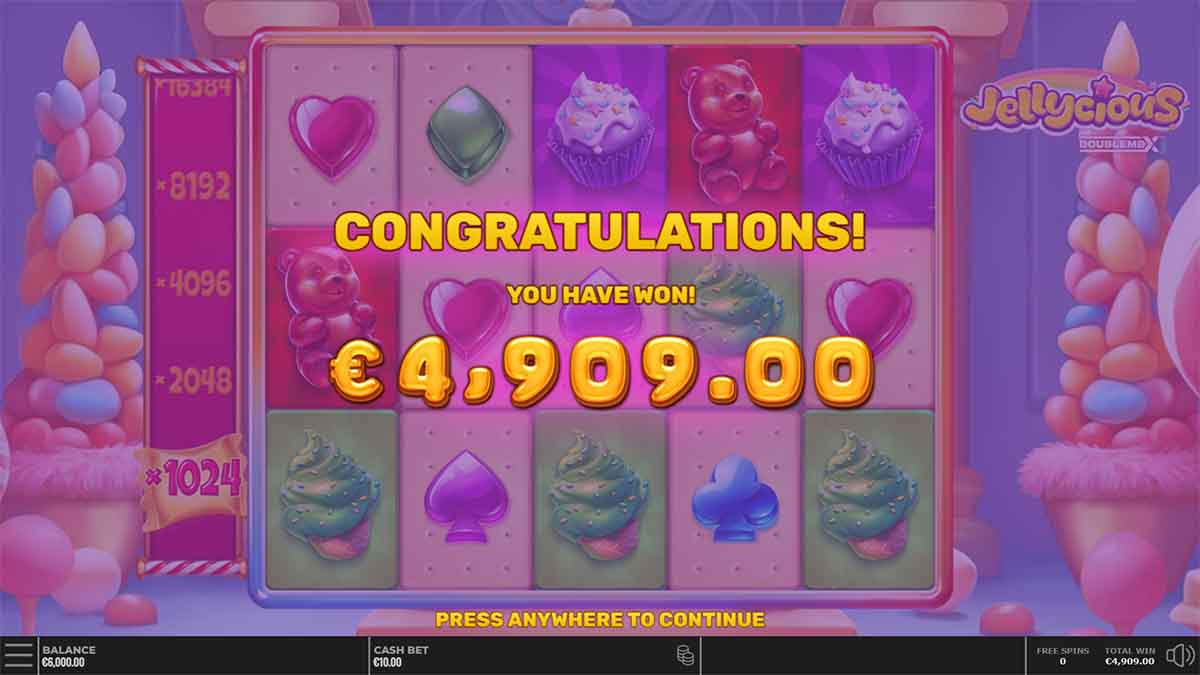 Jellycious DoubleMax slot game by Yggdrasil Gaming, Total Win €4,909